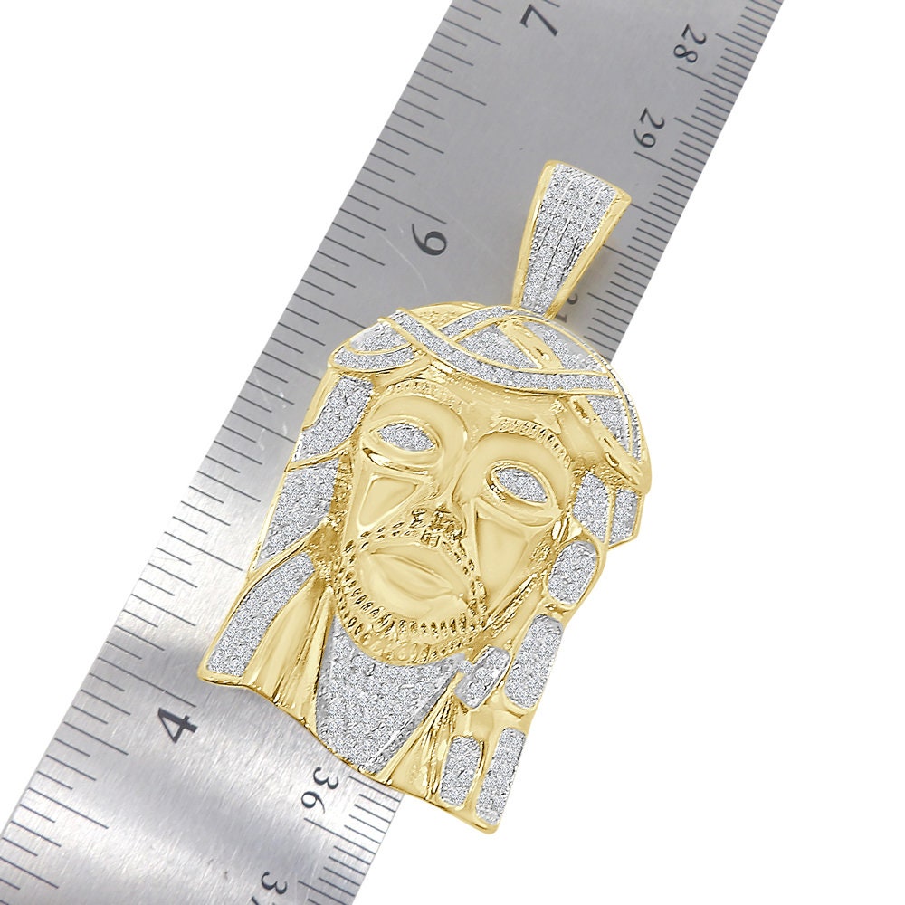Custom Piece 30 + Grams Big 2.35'' 14k Gold Finish Simulated Diamond Jesus Face Piece Charm Pendent Chain Set