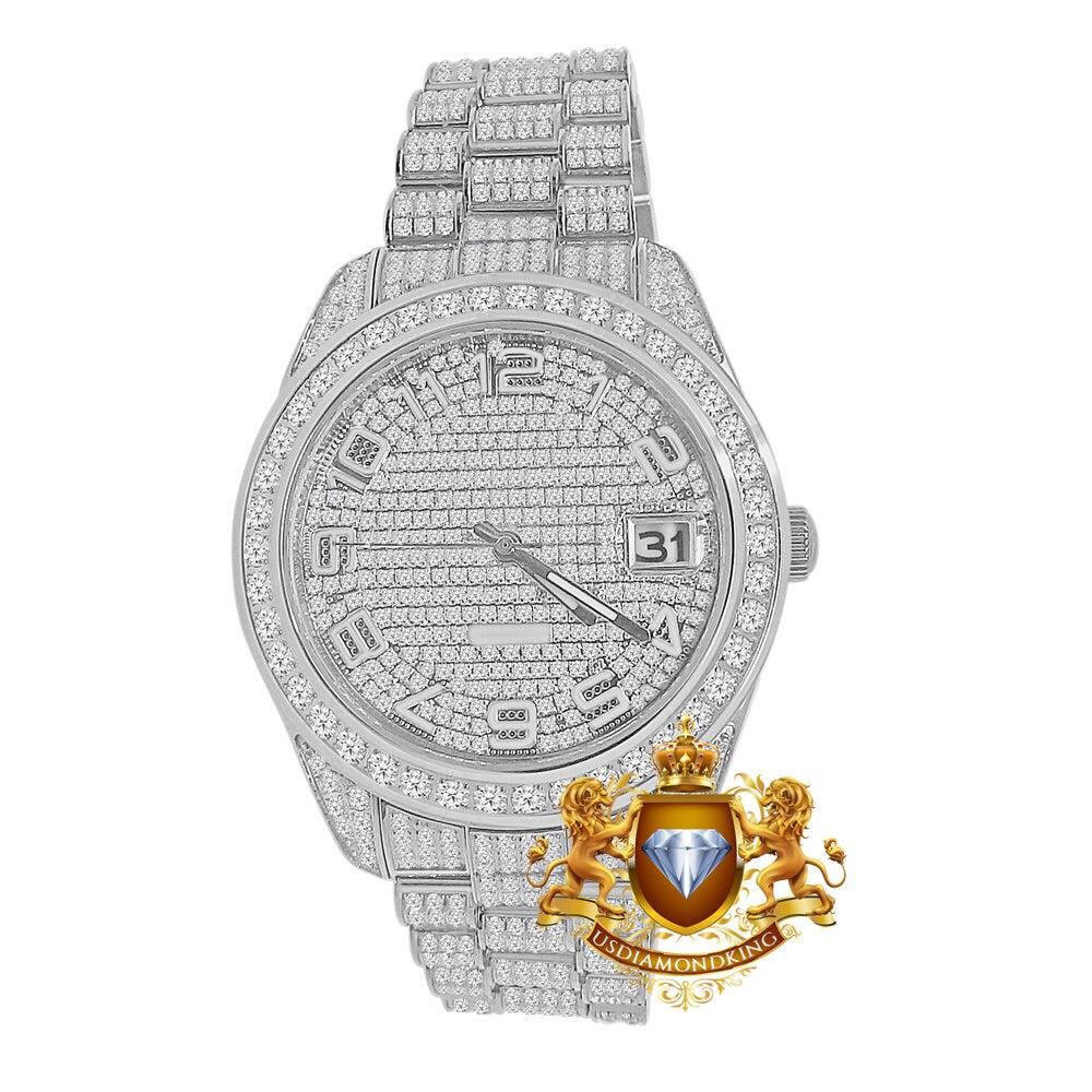 Solid Stainless Steel Solitaire Bezel 18K White Gold Finish Full Iced Dial & Band Men's Simlated Diamond Watch 42mm W/Date