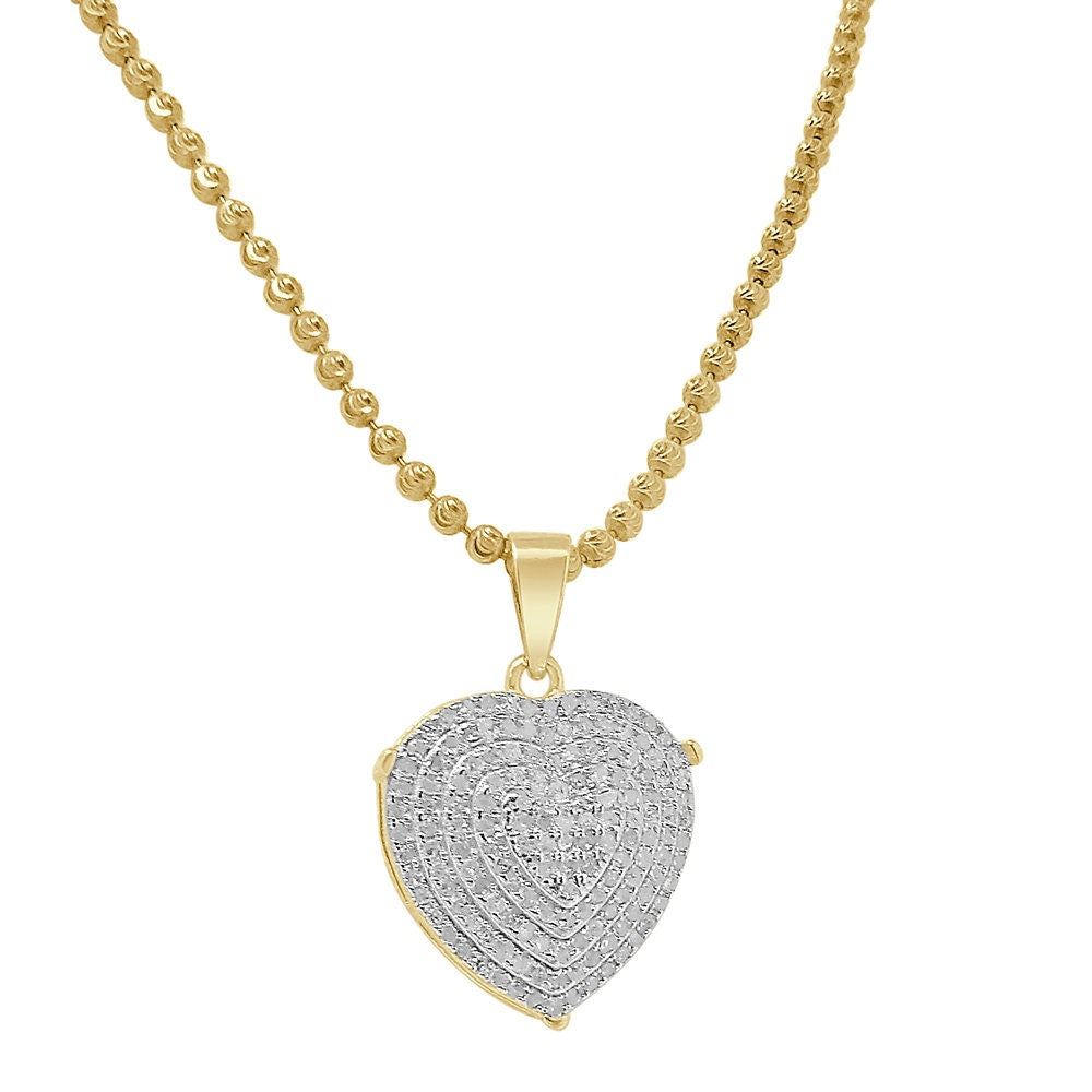 Real Genuine Diamond 0.60 Cwt. 10K Gold Finish LOVE Heart Mini Pendent Charm Chain Set 1''
