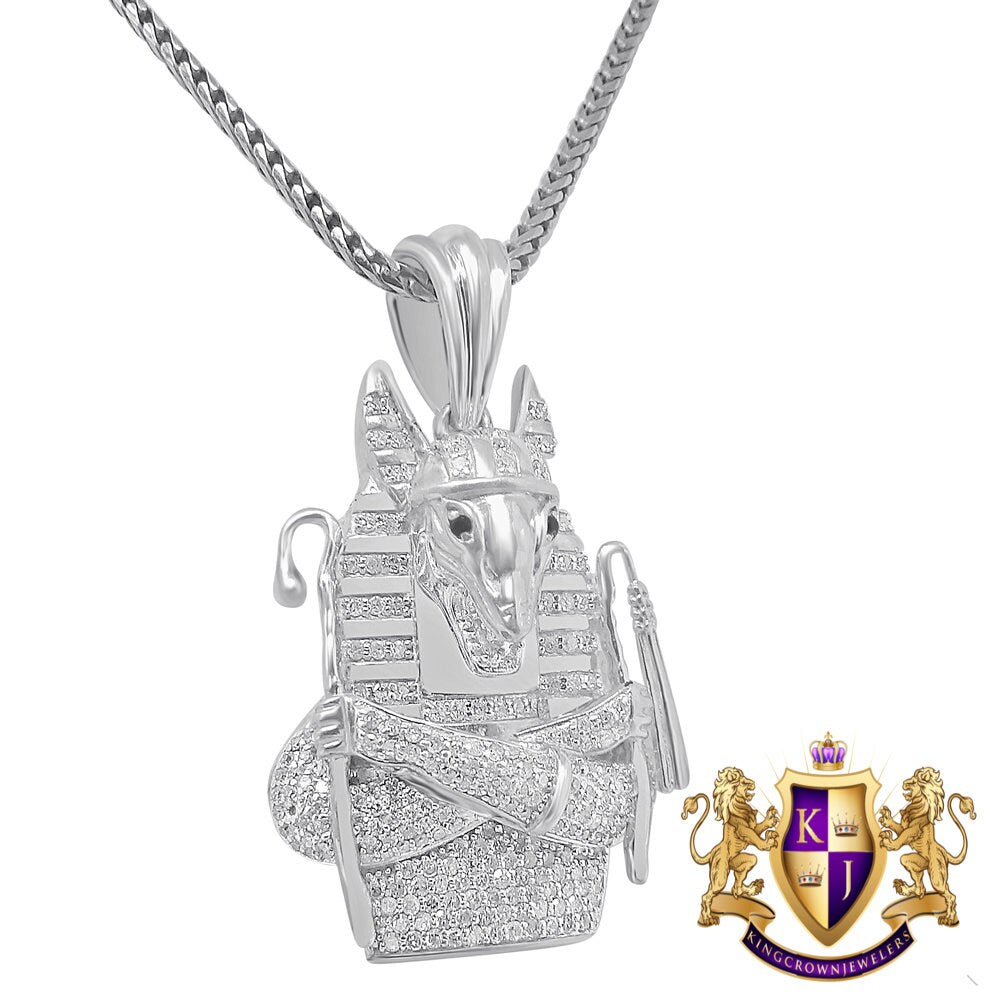 Real Genuine Diamond 0.85 Cwt. Egyptian God Anubis Pharaoh 10K Gold Over Mini Small Charm Pendent Chain Set 1.35''