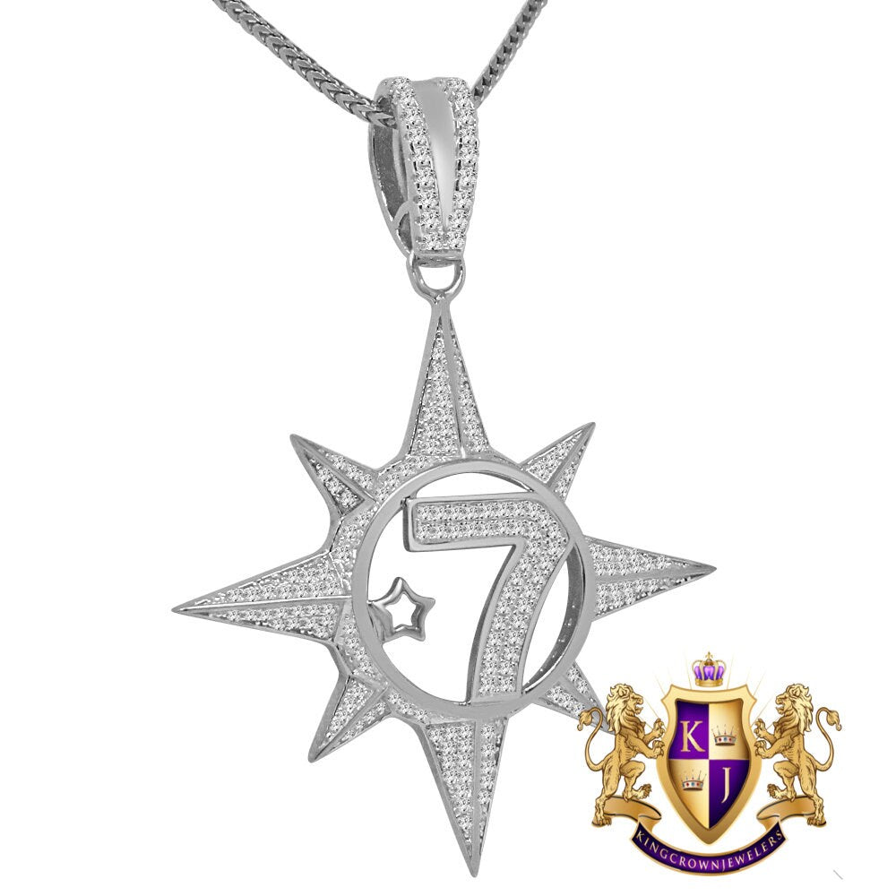 Real Genuine Sterling Silver Five Percenter 2.00 Cwt. Simulated Diamond 14K Gold On Allah Five-Percent Nation Pendant Muslim Charm Chain Set
