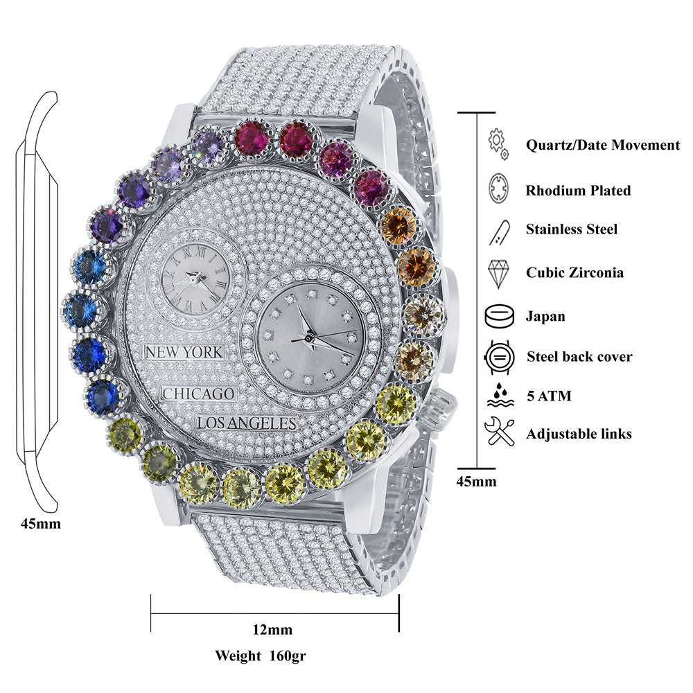 Solitaire Men's 18K White Gold Finish Rainbow Multi Tone Chronograph Real Diamond Dial Custom Bezel And Band Watch Analog 45mm W/Date