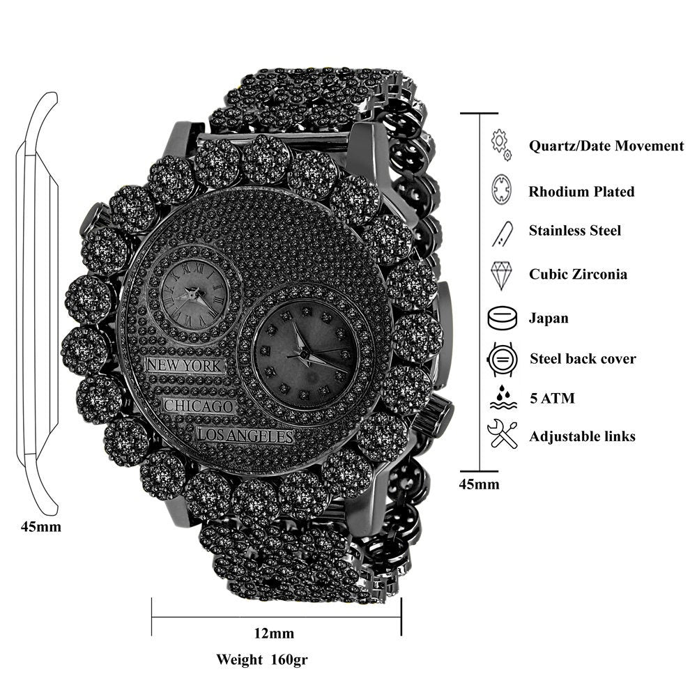 2 Time Zone Chronograph Simulated Diamond Dial Men's 18K Black Gold Finish Flower Bezel Band 5 ATM Water Resistant Watch Analog 45mm W/Date