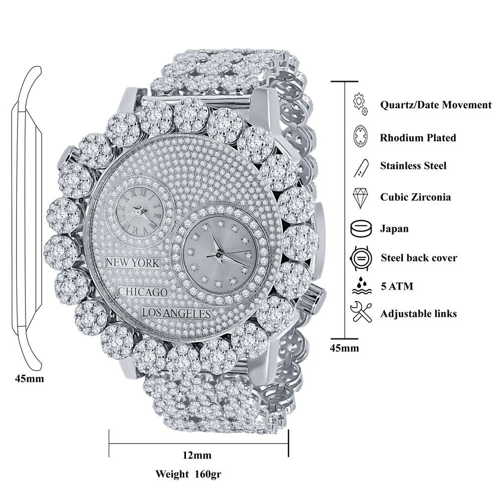 2 Time Zone Chronograph Simulated Diamond Men's 18K White Gold Finish Flower Bezel Band 5 ATM Water Resistant Watch Analog Big 45mm W/Date