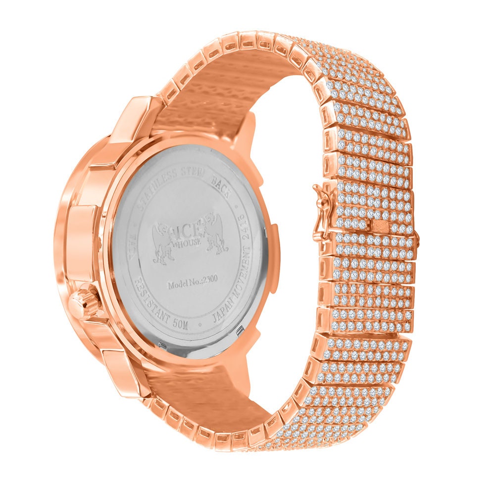 Men's Solitaire 18K Rose Gold Finish 2 Time Zone Chronograph Real Diamond Dial Custom Bezel And Band Watch 45mm W/Date
