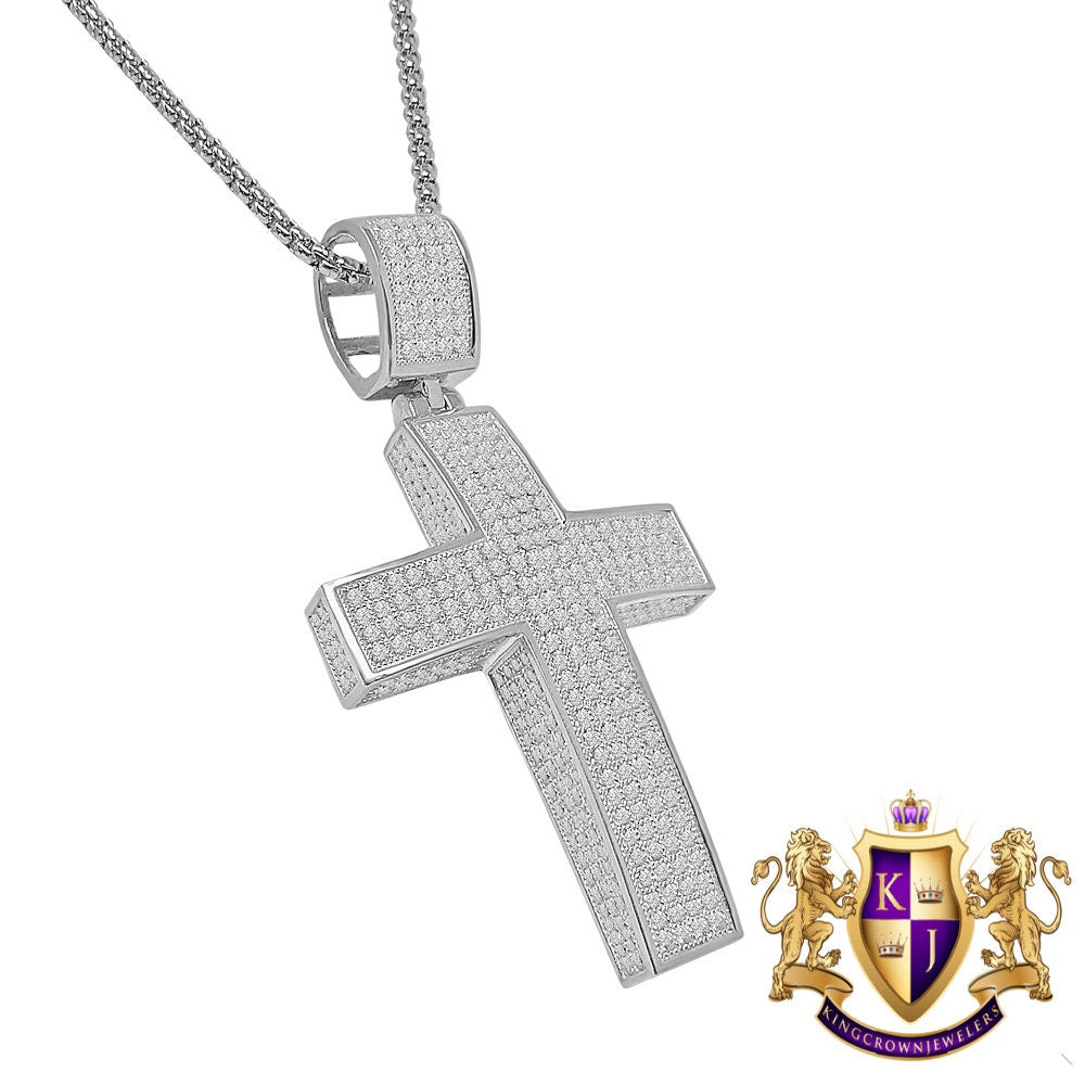 3D Genuine Real Sterling Silver Simulated Diamond 14K Gold Finish Jesus Cross Pendent Charm Chain Set 2.50''