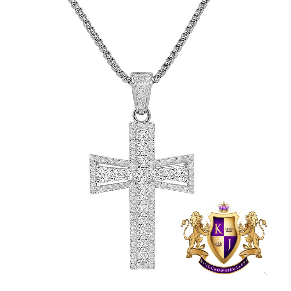 Designer Holy Cross Charm Genuine Real Sterling Silver Simulated Diamond 14K Gold Finish Pendent Chain Set 2''