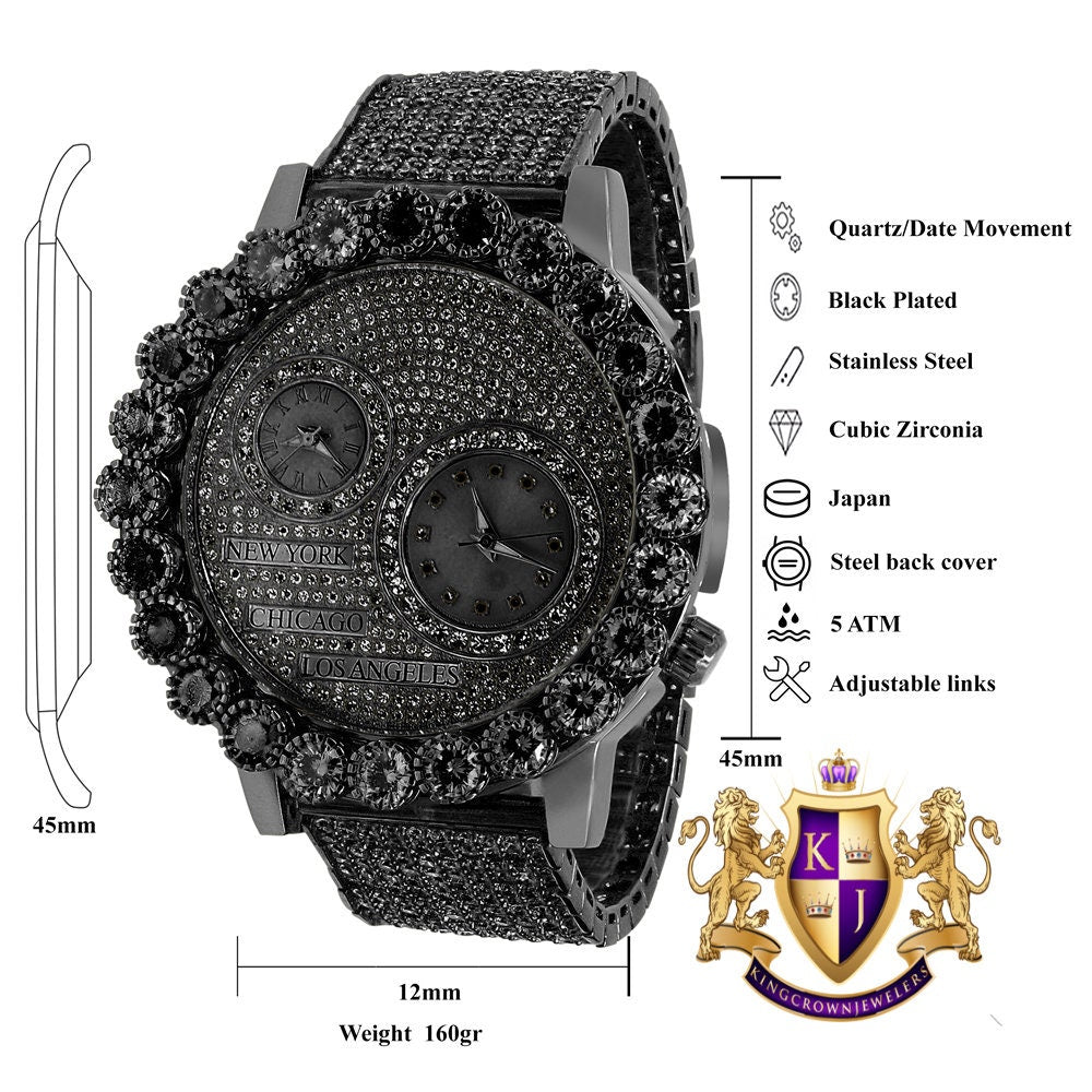 Men's Solitaire 18K Black Gold Finish 2 Time Zone Chronograph Real Diamond Dial Custom Bezel And Band Watch 45mm W/Date