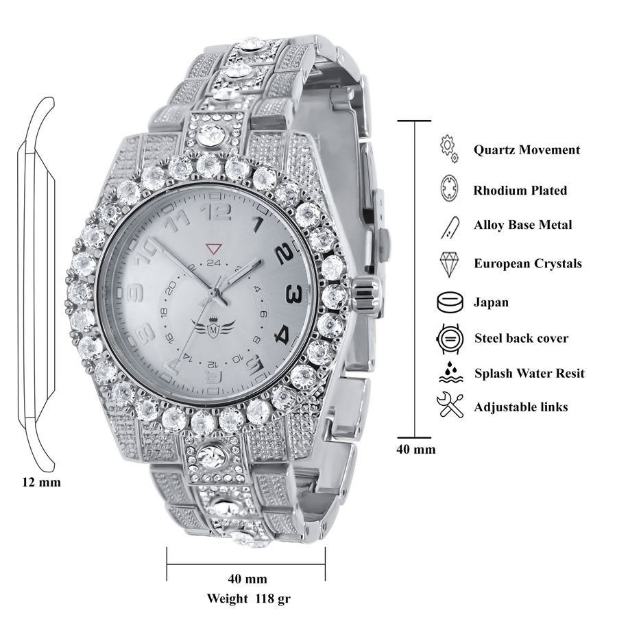 Solitaire Men's 14K White Gold Finish Simulated Diamond Water Resistance Steel Back Watch 45MM