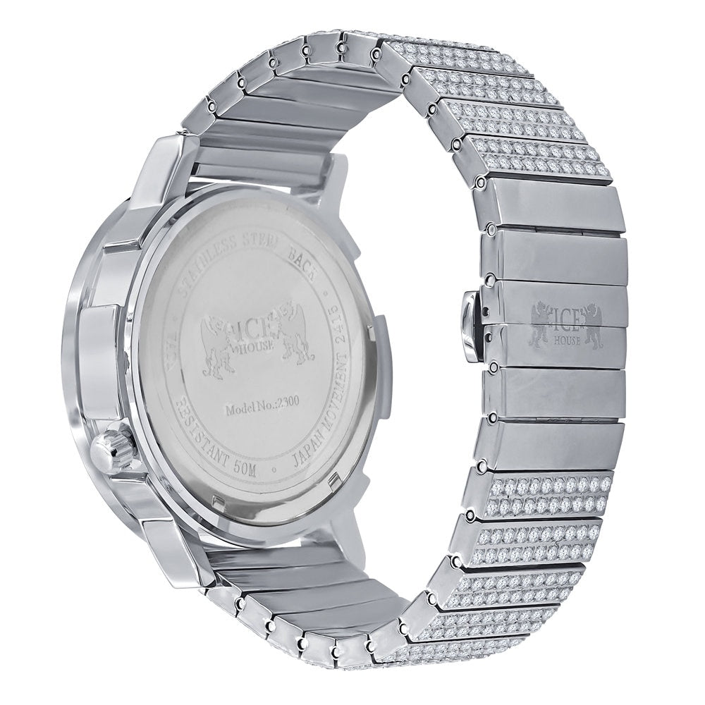 Men's Full Stainless Steel 2 Time Zone Chronograph 18K White Gold Tone Diamond Dial Luxury Custom Watch 45mm