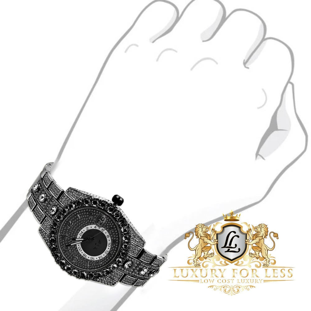 18K Black Gold Finish Simulated Diamond Solid Steel Back Solitaire Bezel & Band Men's Watch 40mm W/Date Function