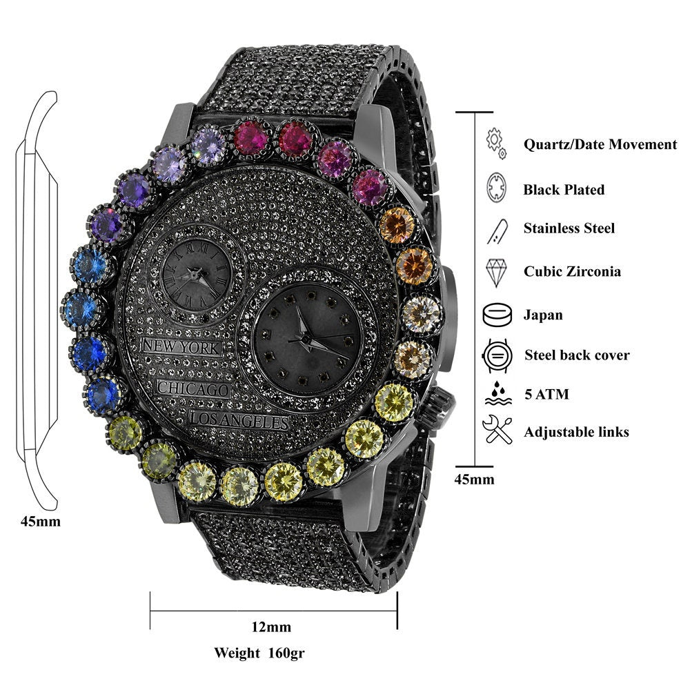Rainbow Multi Tone Chronograph Real Diamond Dial Men's 18K Black Gold Finish Flower Bezel Band Custom Watch Analog 45mm W/Date