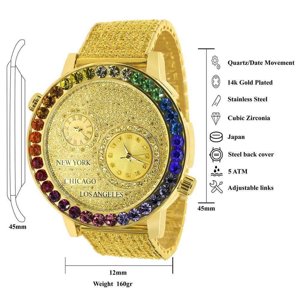 Chronograph Real Diamond Dial Men's 18K Gold Finish Flower Bezel Band Custom Watch Analog 45mm W/Date Canary Rainbow Multi Tone