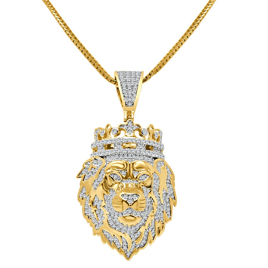 20+ Grams Real Genuine Sterling Silver 2.25 Cwt. Simulated Diamond 14K Gold Over Lion King Head Crown Men's Charm Pendant Chain Neckless Set