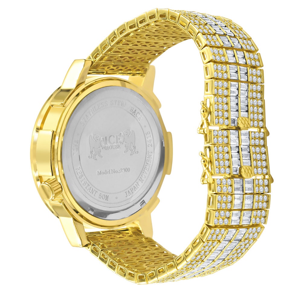 Men's Baguette 2 Time Zone Chronograph Real Diamond Dial 18K Gold Over Custom Luxury Watch W/Date