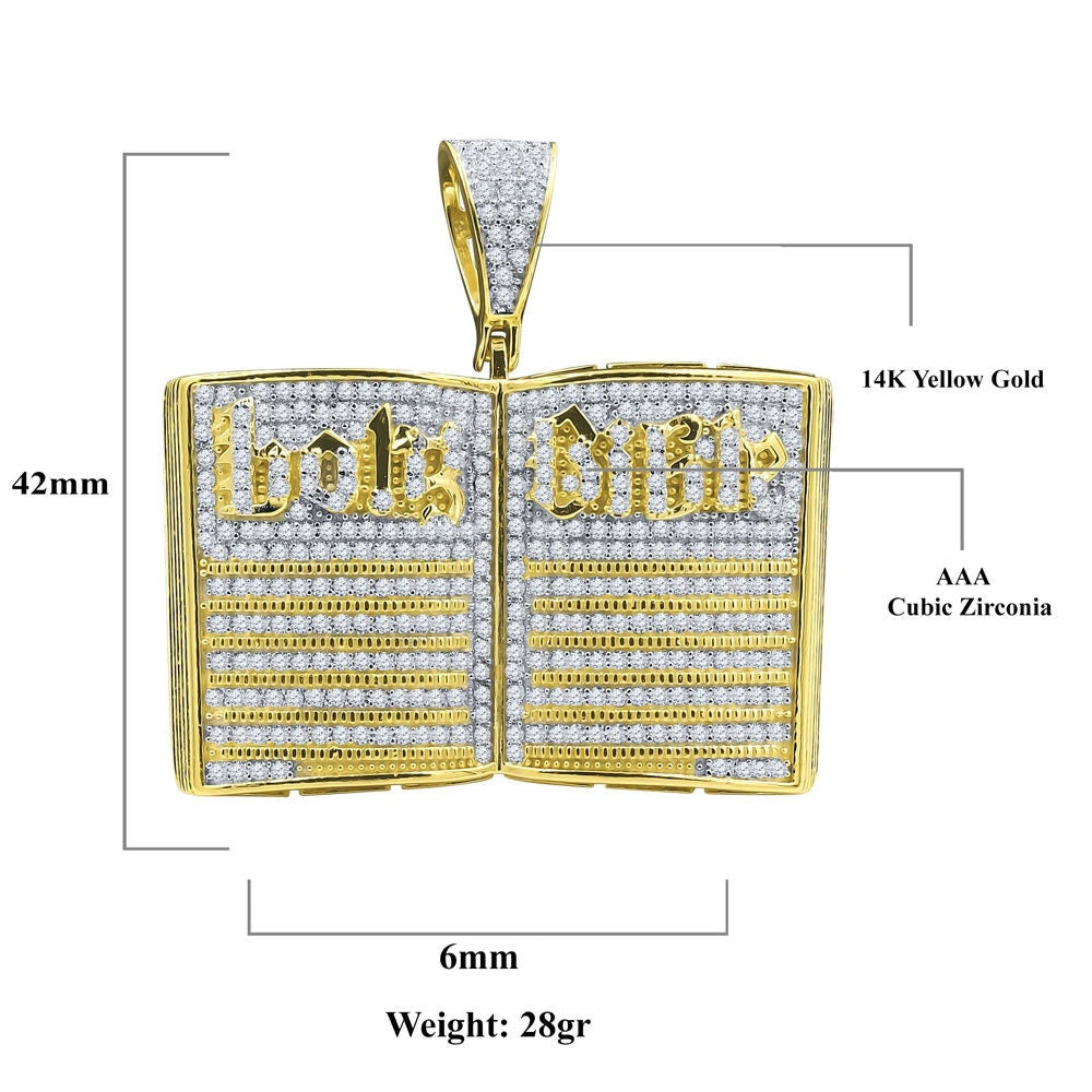Men's 14K Gold On Genuine Real Sterling Silver Simulated Diamonds Open Holy Bible Book Charm Pendant 3.50ct