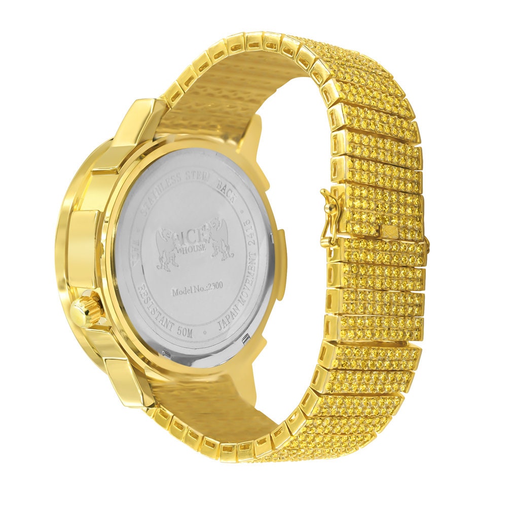 Canary Men's Solitaire 18K Gold Finish 2 Time Zone Chronograph Real Diamond Dial Custom Bezel And Band Watch 45mm W/Date