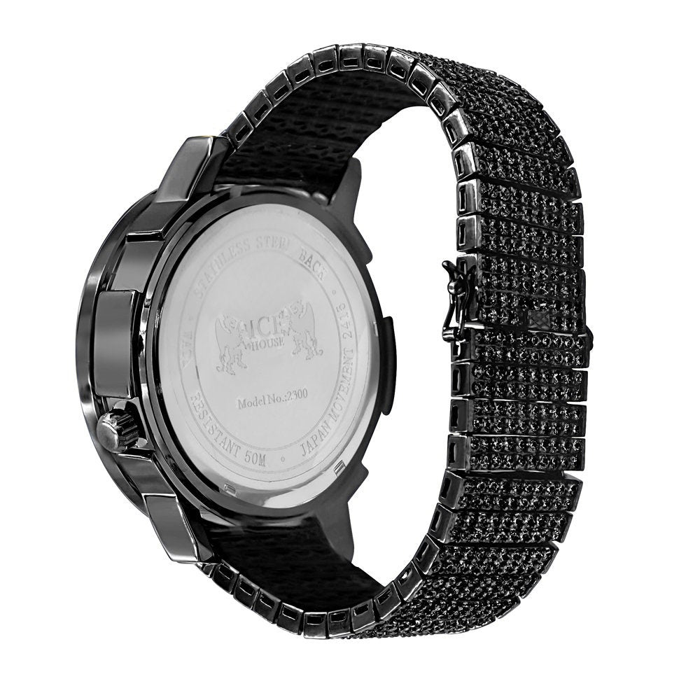 2 Time Zone Men's Chronograph Real Diamond Dial Men's 18K Black Gold Finish Flower Bezel Band Custom Watch Analog 45mm W/Date