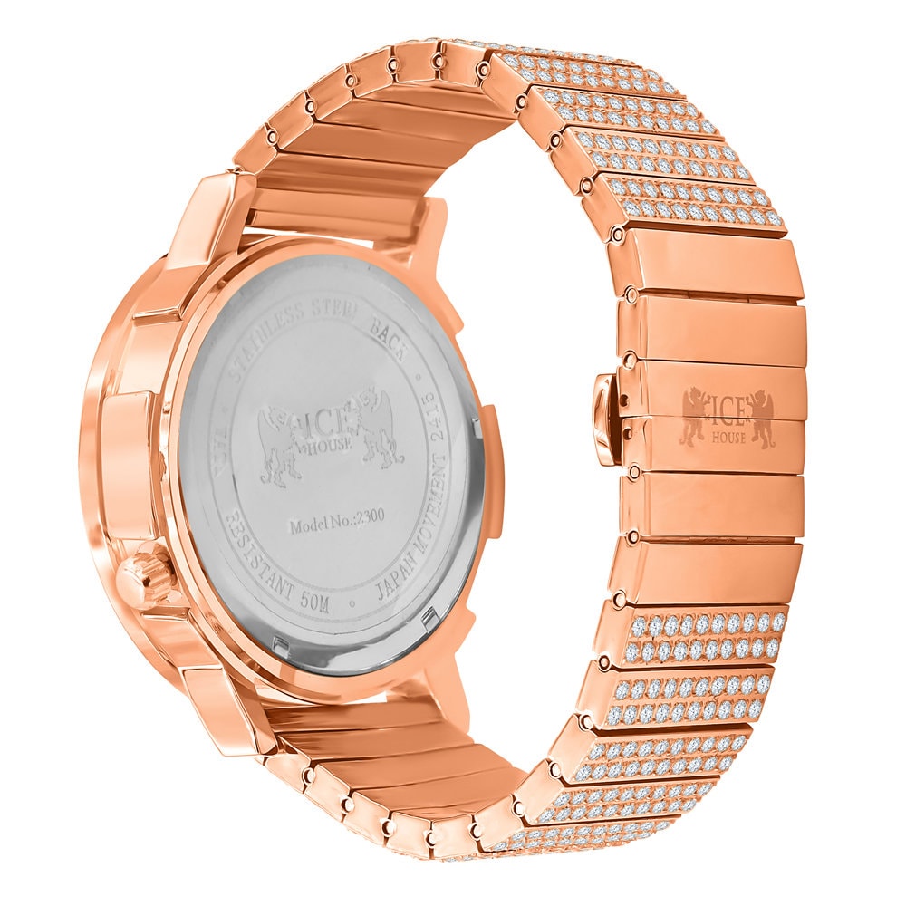 Men's Full Stainless Steel 2 Time Zone Chronograph 18K Rose Gold Tone Diamond Dial Luxury Custom Watch 45mm