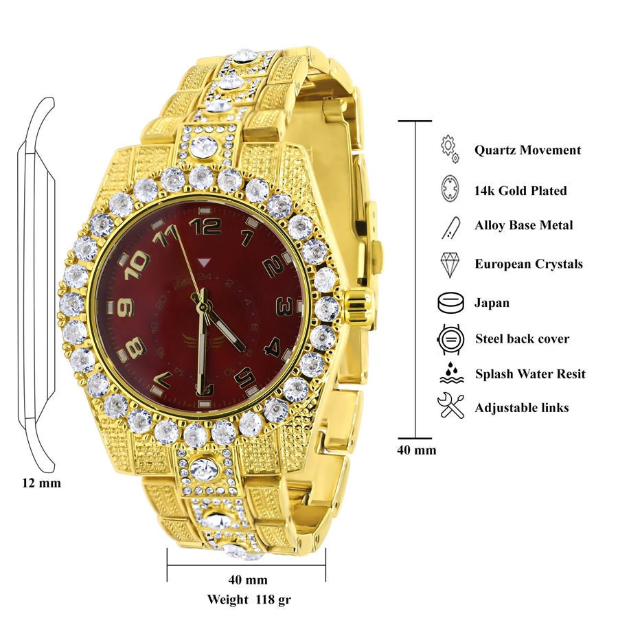 Ruby Red Dial Solitaire Men's 14K Gold Finish Simulated Diamond Water Resistance Steel Back Watch 45MM