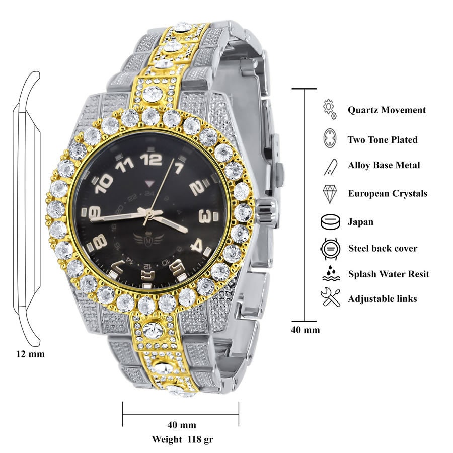 Black Dial Solitaire Men's 2 Tone Gold Finish Simulated Diamond Water Resistance Steel Back Watch 45MM