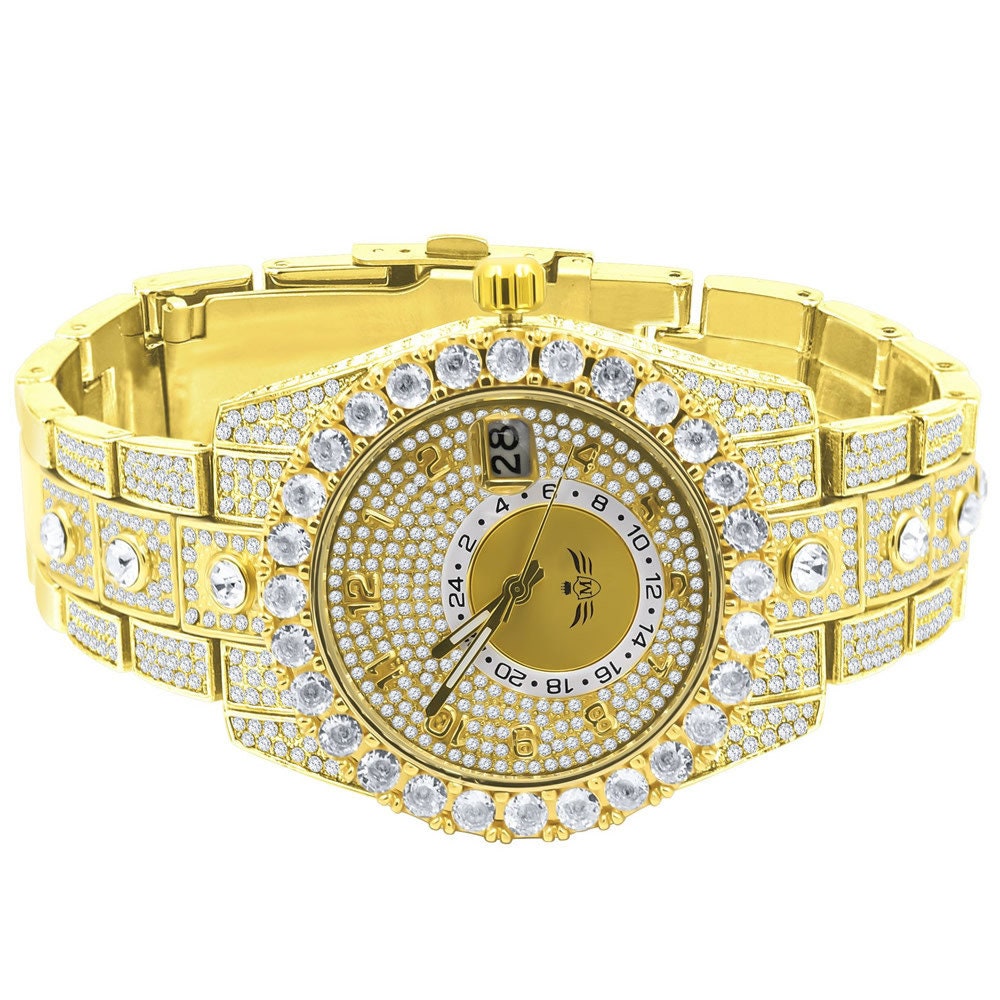 18K Yellow Gold Finish Simulated Diamond Solid Steel Back Solitaire Bezel & Band Men's Watch 40mm W/Date Function