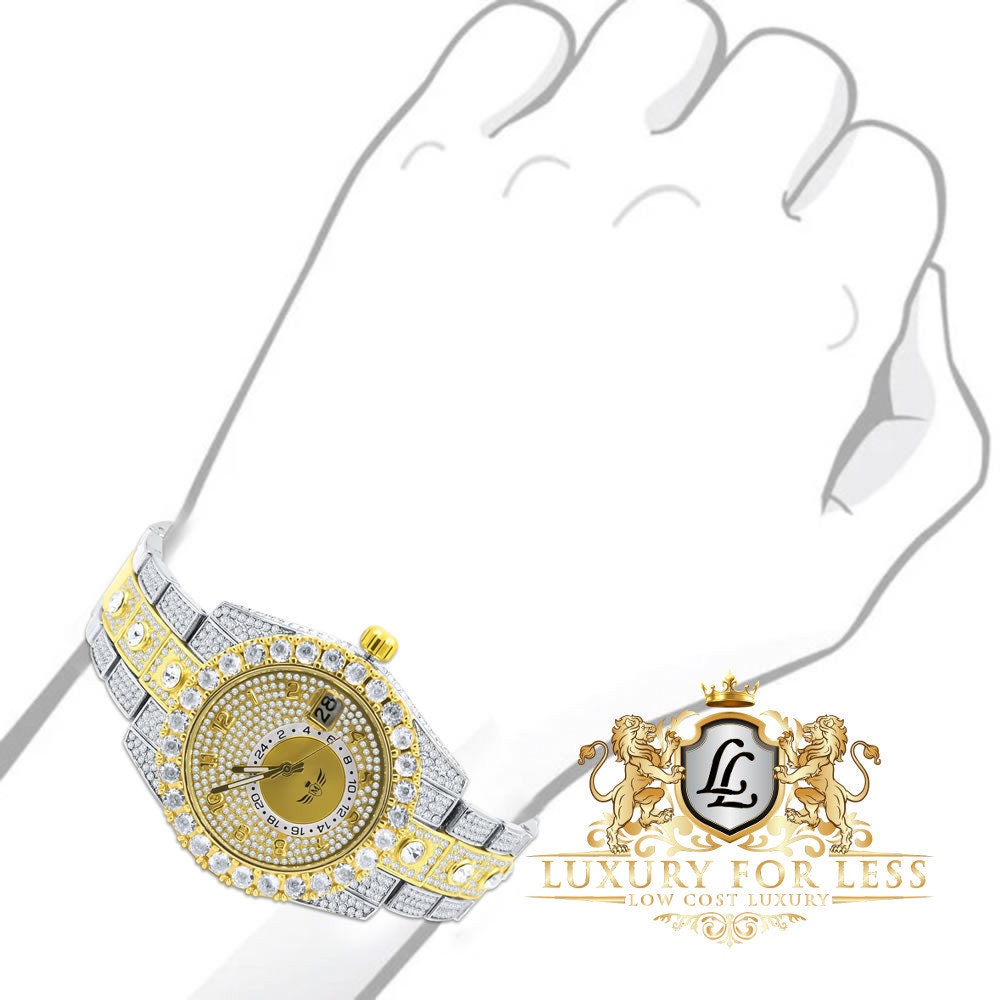 2 Tone Gold Finish Simulated Diamond Solid Steel Back Solitaire Bezel & Band Men's Watch 40mm W/Date Function
