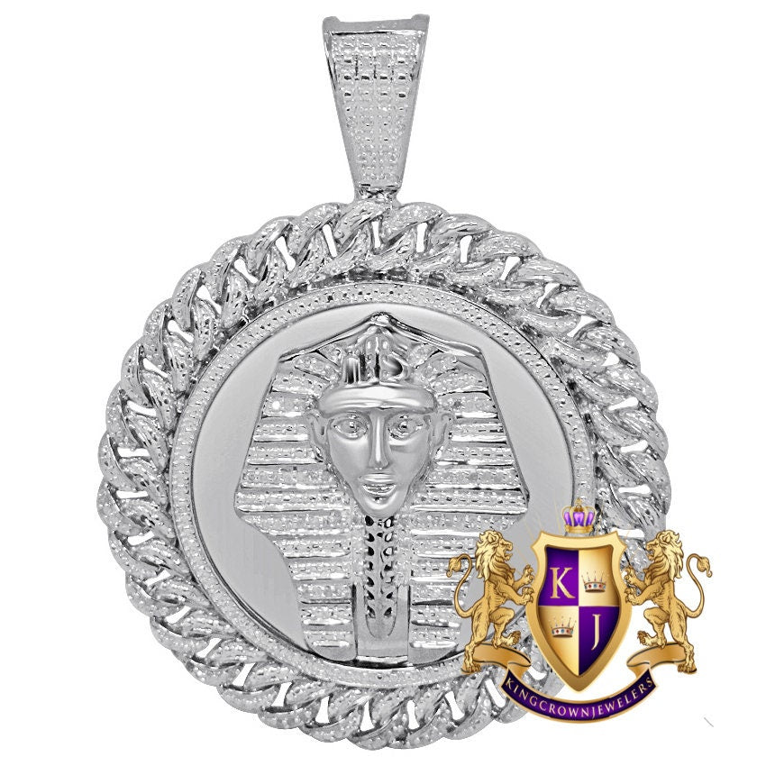 Men's Real Genuine Diamond 0.60 Cwt. Egyptian Pharaoh King Tut Pendent 10K White Gold Finish Round Medallion Charm 2.5''