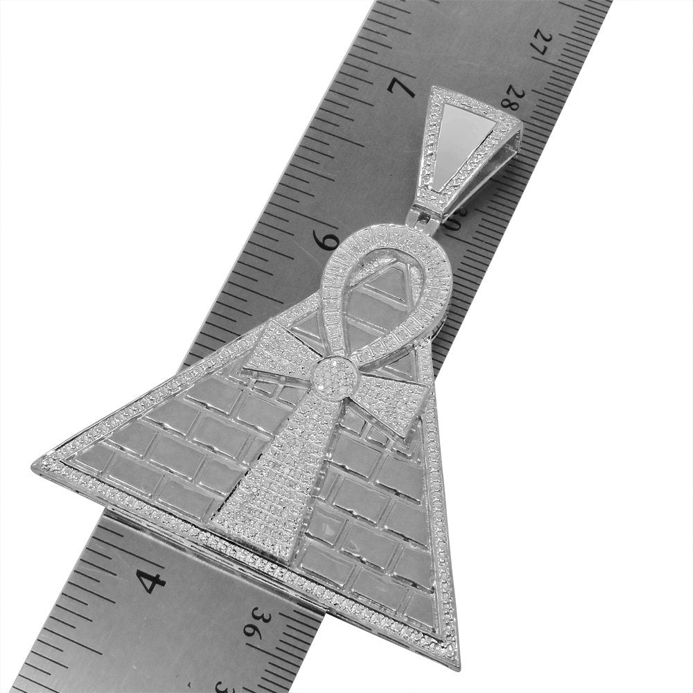 Real Genuine Diamond 0.50 Cwt. 10K White Gold Finish Egyptian Pyramid Ankh Cross Charm Pendant 2.75''