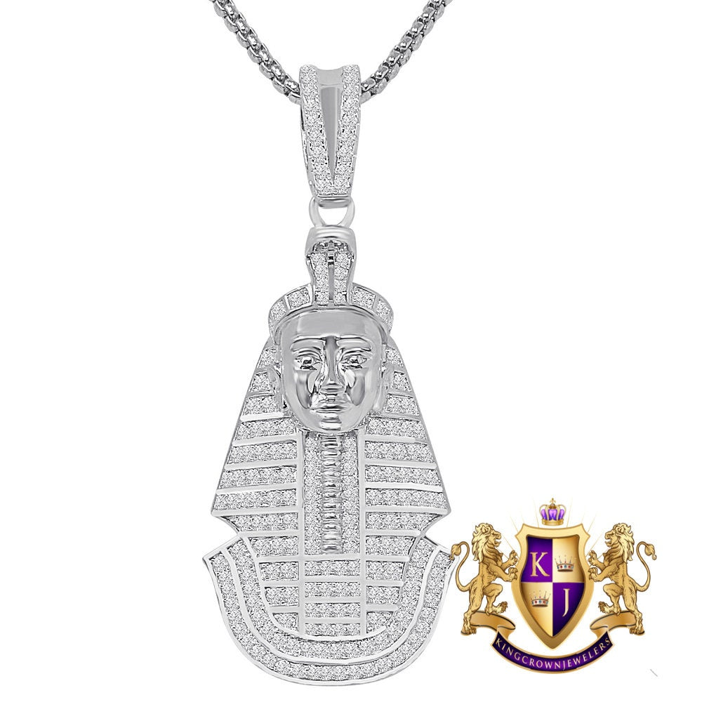 23 + Grams Real Sterling Silver 14K Gold Over Simulated Diamond Egyptian King Tut Pharaoh Mummy Pendant Charm 2.55'' + Free Chain