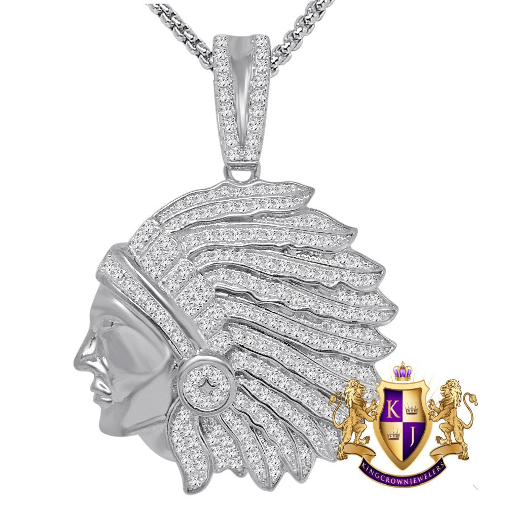 Real Genuine Sterling Silver 14K Gold Over Native American Indian Apache King Simulated Diamond Custom Pendent Charm + Free Chain