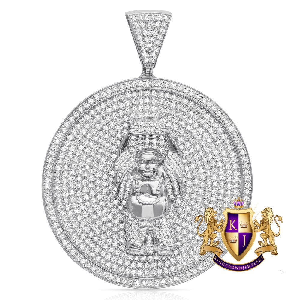 41 + Grams Men's Big XL 3'' Real Sterling Silver 14k Gold Over Buddha Religious Pendant Simulated Diamond Custom Medallion Charm