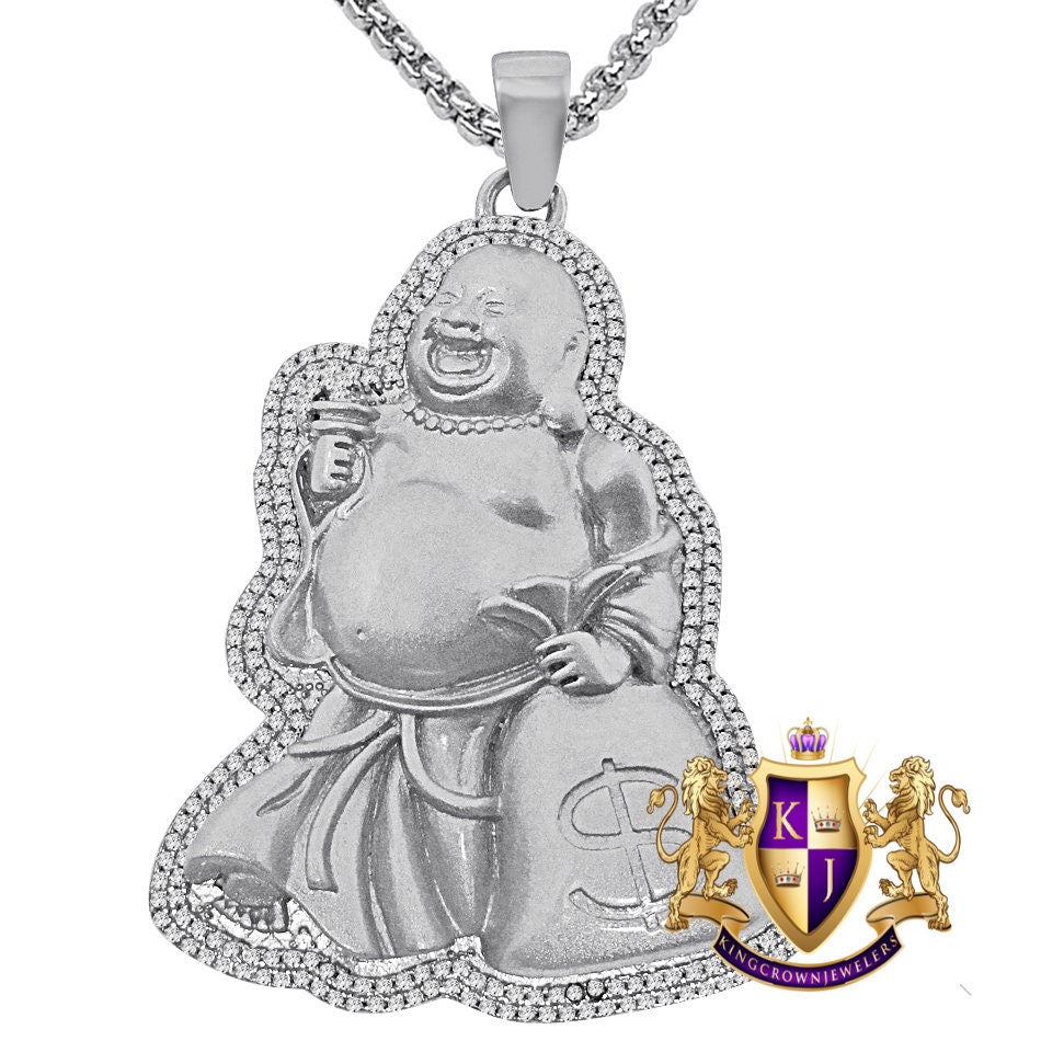 14K Gold Finish Simulated Diamond Laughing Buddha Holding Money Bag Dollar Sign Charm Good Luck Religious Pendant Chain Set 2.45''