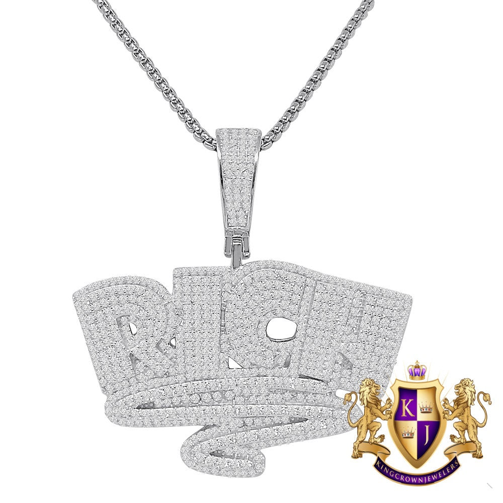 35 + Grams 14k Gold On Real Sterling Silver Men's Round Cut Simulated Diamond Big RICH Money Forever Custom Charm Pendant Chain Set