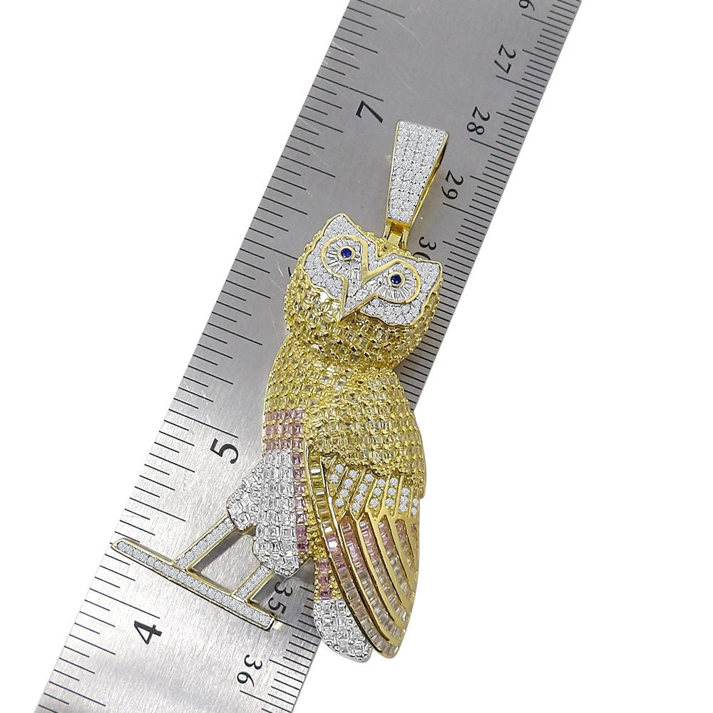 Baguette 34 + Grams Big 2.75'' 14K Gold Over Genuine Sterling Silver Simulated Diamond Standing Owl Bird Pendant Charm Chain Set
