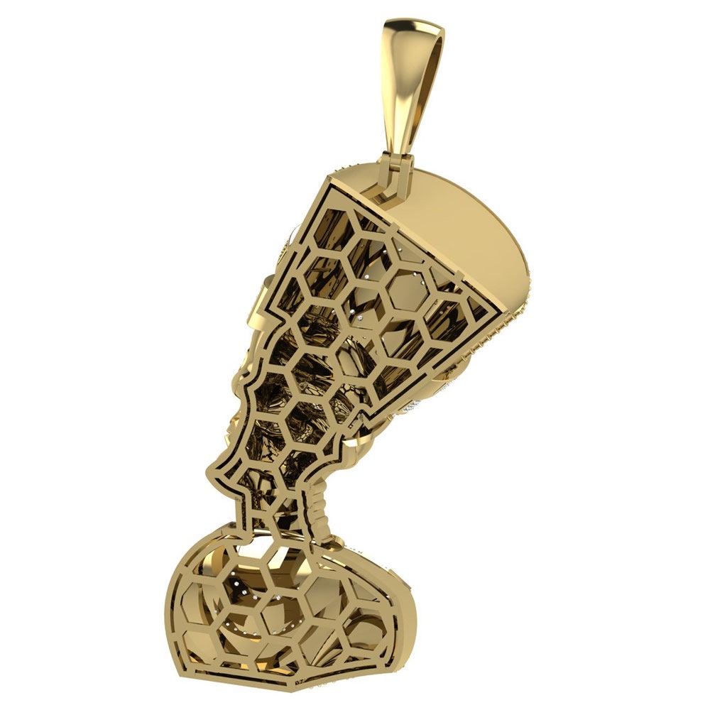 32 + Grams Big 3" Real Genuine Authentic Diamond Egyptian Skull Queen Nefertiti Pharaoh Pendant Cleopatra 10K Gold Over Custom Mummy Charm