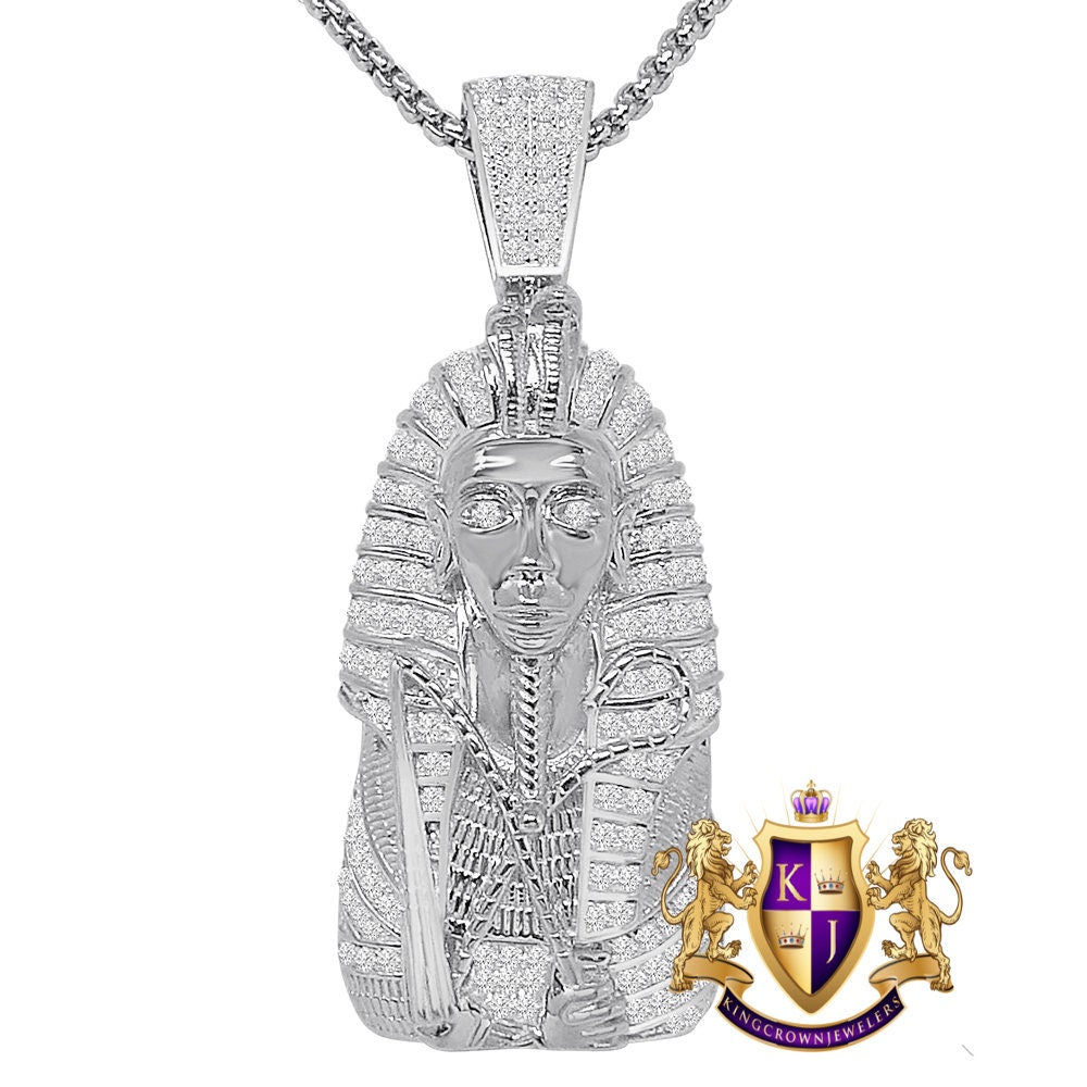 30 + Grams Genuine Italian Sterling Silver 14K Gold Over Simulated Diamond Egyptian Pharaoh King Tut Mummy Pendent Charm 2.25''+ Free Chain