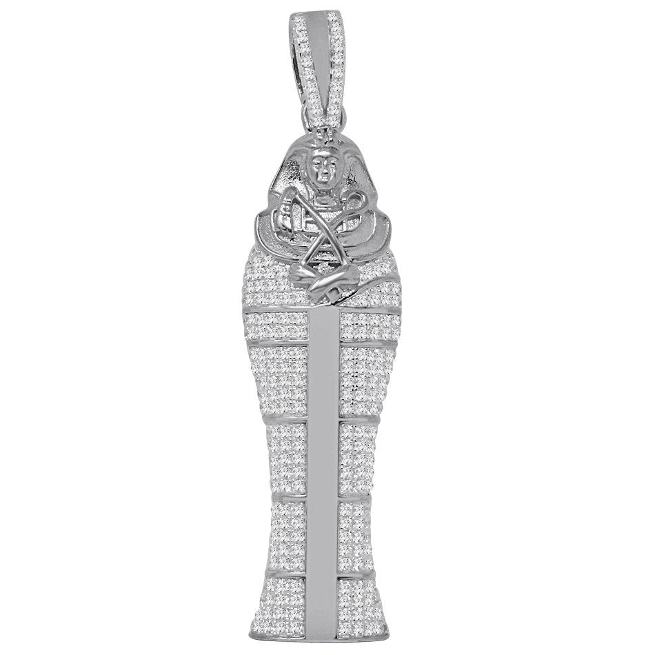 26 + Grams Big XL 3.25'' Real Authentic Sterling Silver Simulated Diamond 14K Gold Over Egyptian Pharaoh King Tut Mummy Custom Pendant Charm