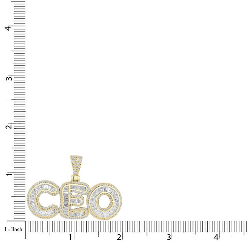 Baguette Men's 14K Gold Over Round Cut Simulated Diamond CEO Boss Charm Custom Pendent Chain Set