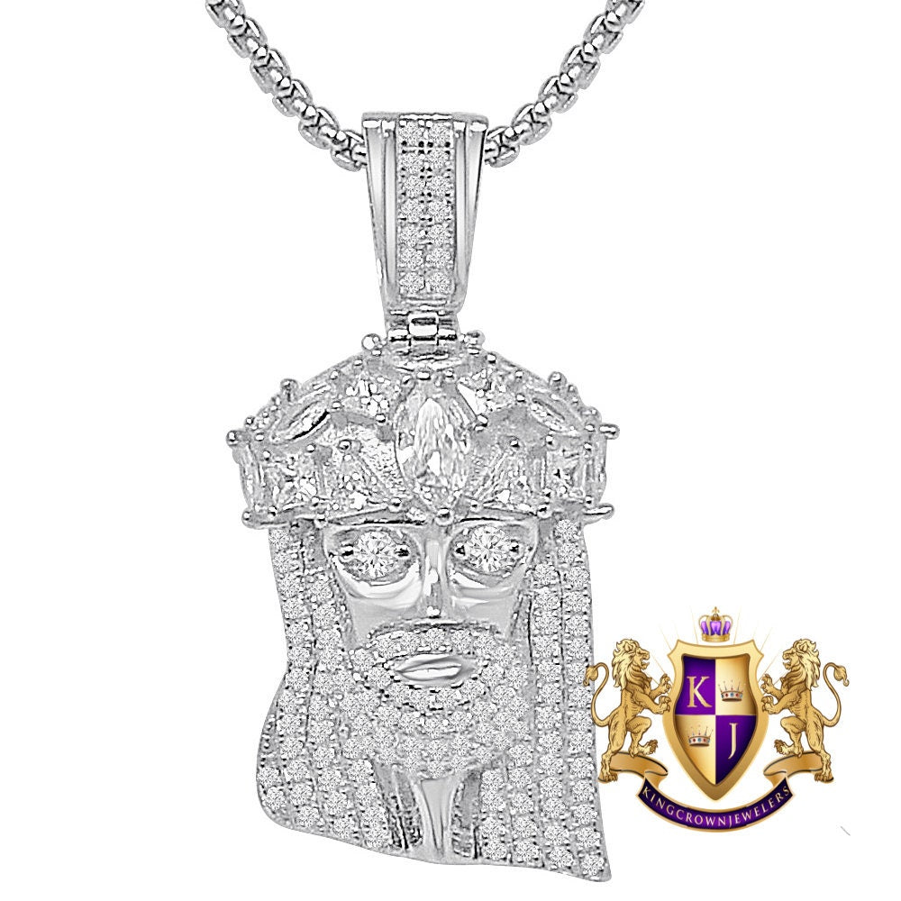 Genuine Authentic Italian Sterling Silver Simulated Diamond 14K Gold Over Jesus Face Piece Unisex Small Charm Pendent 1.75'' + Free Chain