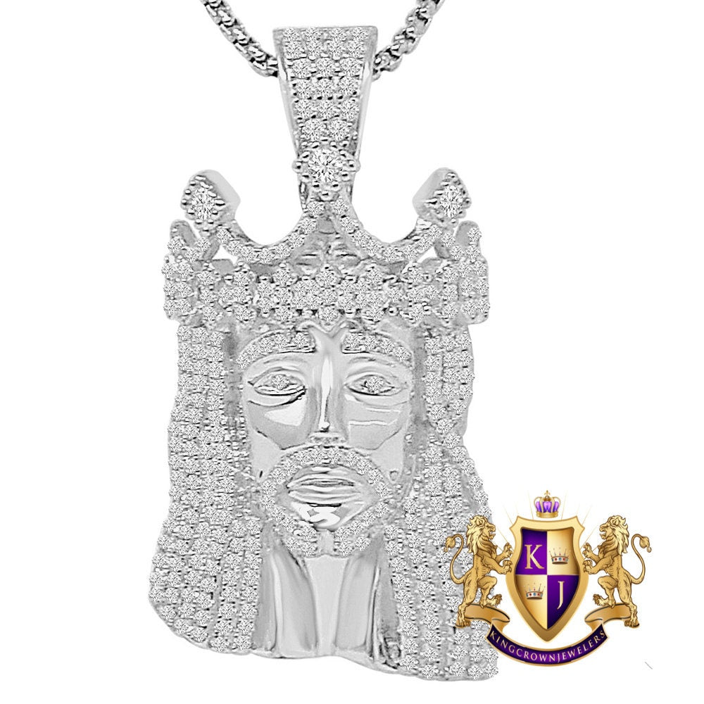 36 + Grams Big 2.25'' Authentic Italian Sterling Silver 14K Gold Over Simulated Diamond Holy Jesus Face Crown Piece Charm Religious Pendent