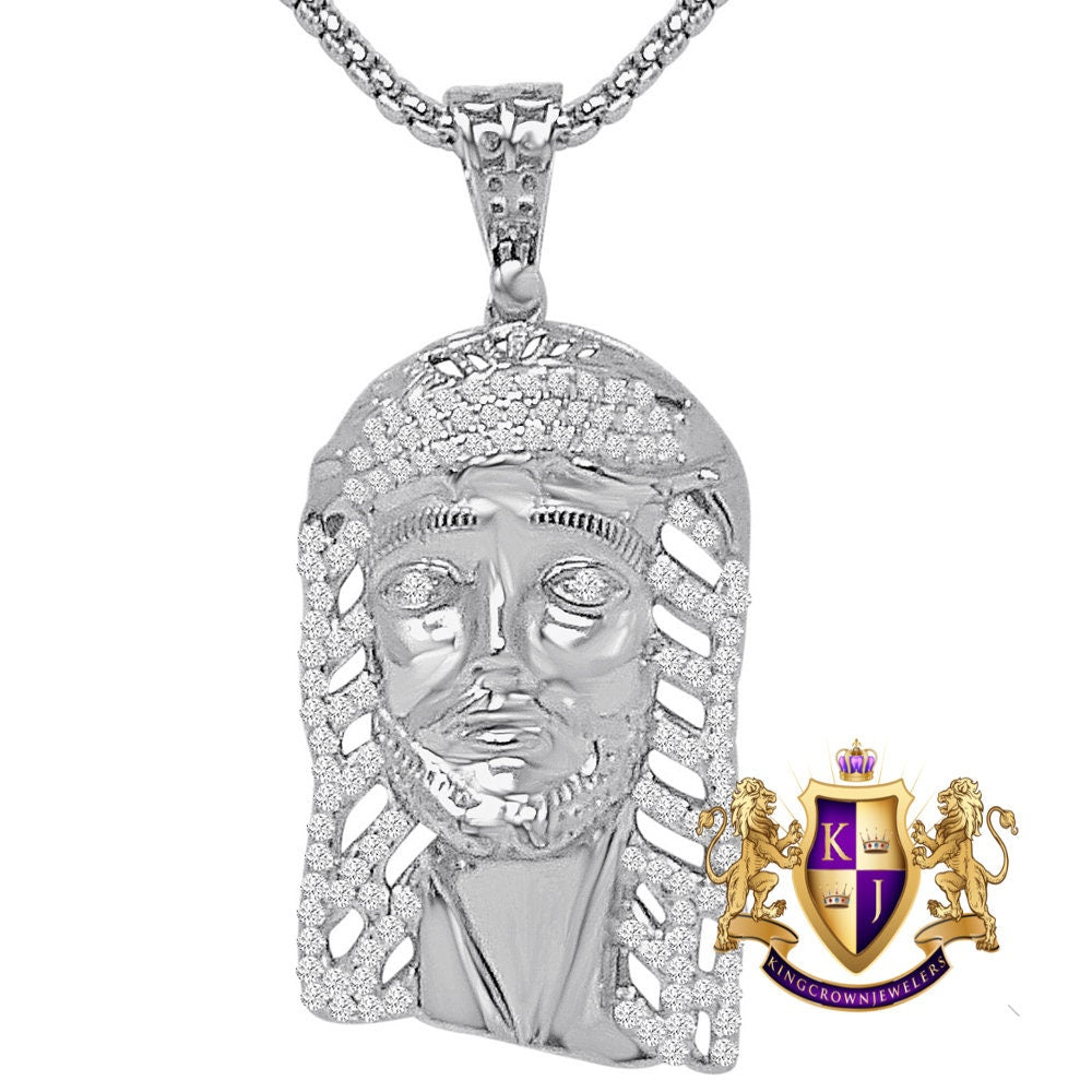 Genuine Authentic Italian Sterling Silver 14K Gold Over Simulated Diamond Holy Jesus Face Piece Charm Religious Pendent 2''