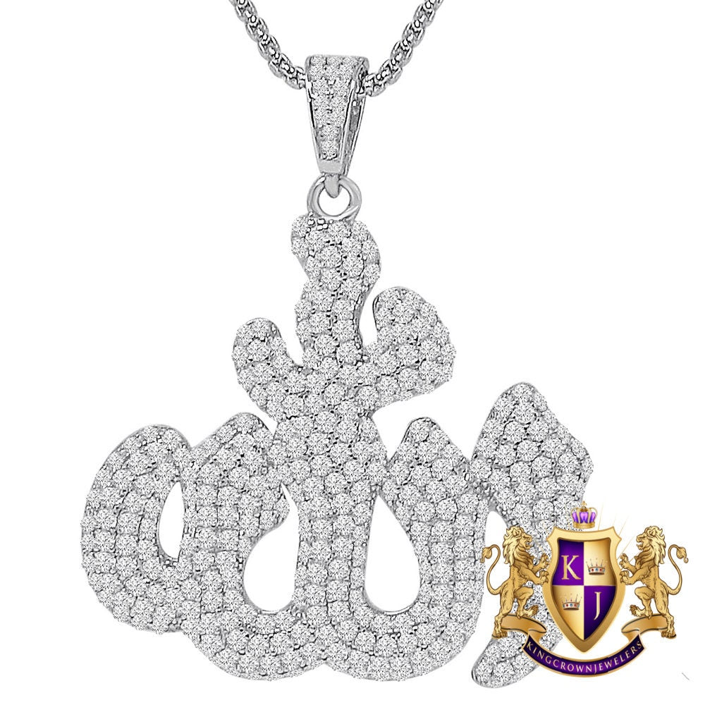 36+ Grams Real Sterling Silver 3.00 Cwt. Simulated Diamond 14K Gold Over Muslim Allah Arabic Islamic Charm Religious Pendent Large 2.5''
