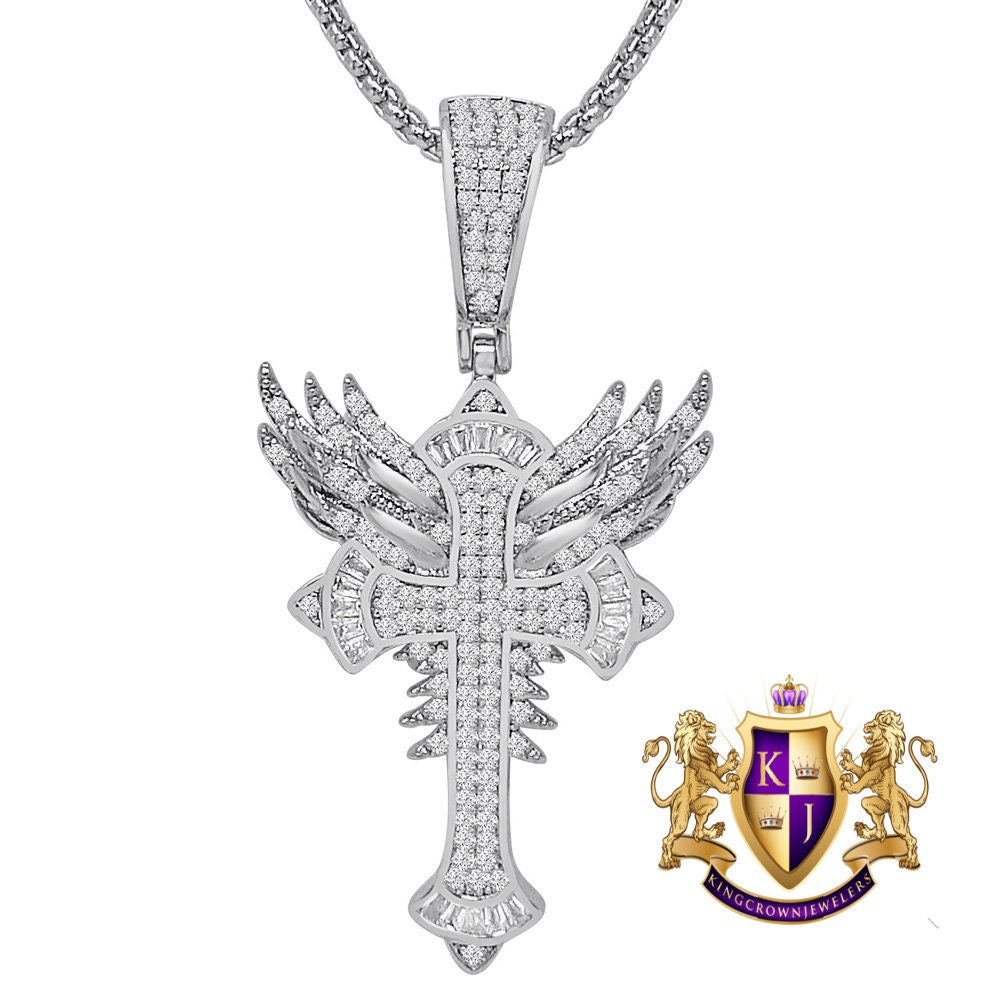 14k Gold Over Men's Ladies Baguette Simulated Diamond Holy Jesus Crist Cross Angel Wings Charm Pendent Chain Set 2.25''