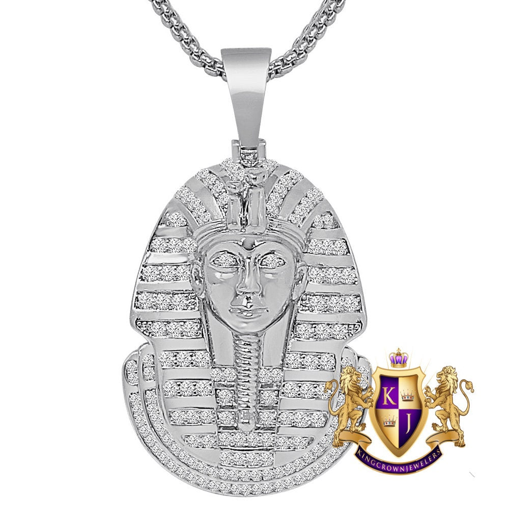24 + Grams 14K Gold Over Simulated Diamond Egyptian King Tut Pharaoh Mummy Unisex Charm Pendent Chain Set 2''