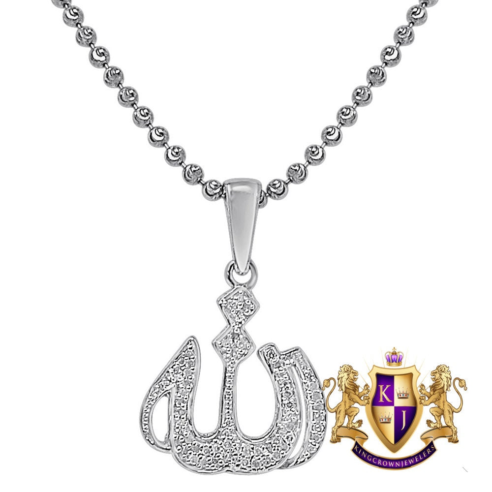 Real Genuine Diamond Almighty Allah God Muslim Arabic Islamic Pendant 10K Solid Gold Over Unisex Religious Charm Chain Set Mini Small 1"