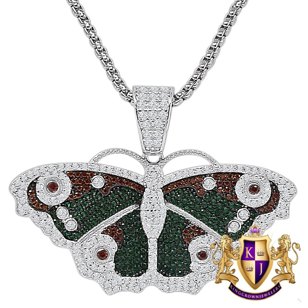 Real Genuine Sterling Silver Multi Tone Simulated Diamond Butterfly Pendent 14K Gold Over Charm + Free Chain