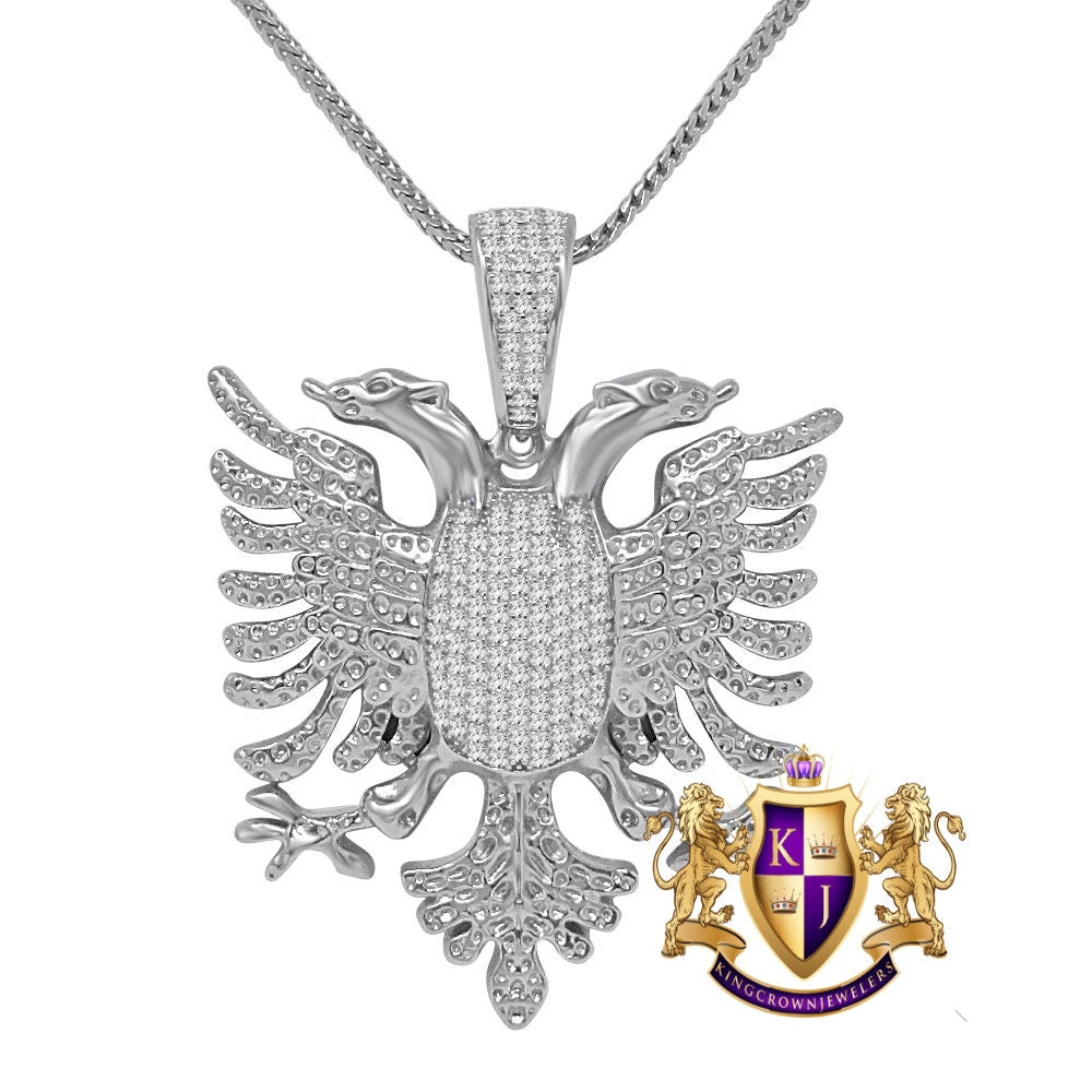 Real Genuine Sterling Silver 28+ Grams Men's 14K Gold Over 2.00 Cwt. Simulated Diamond Albanian Eagle Flying Bird Pendant Charm Chain Set 2"