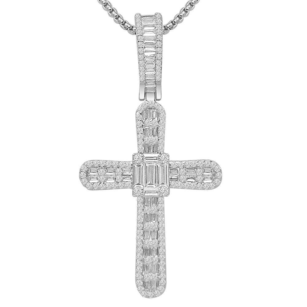 2.5'' 20 + Grams Baguette 14k Gold Over Simulated Diamond Jesus Crist Cross Unisex Charm Religious Pendent Chain Set