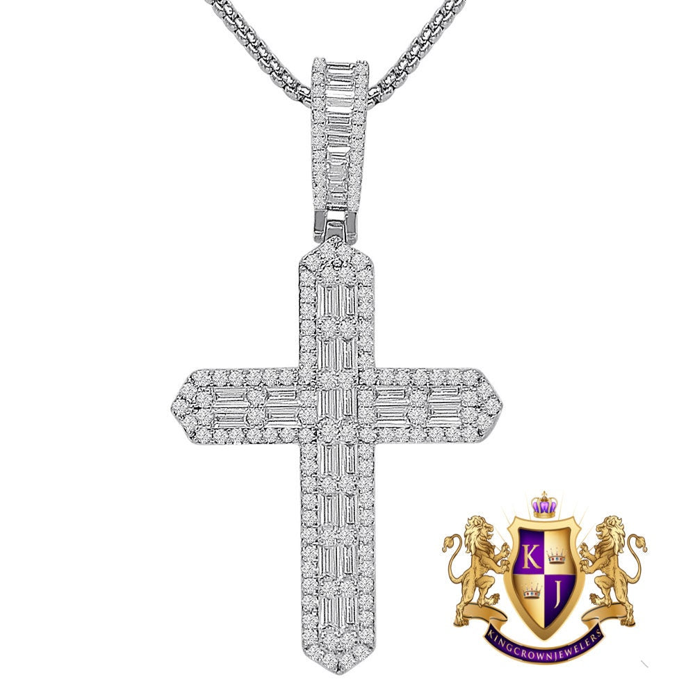 Baguette 14k Gold Over Simulated Diamond Jesus Crist Cross Unisex Charm Religious Pendent Chain Set 2.5'' 18 + Grams